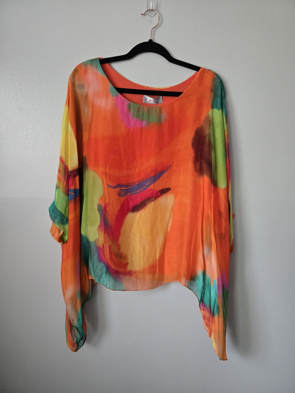 NWT Tina Stephens Italy 100% Silk Vibrant Abstract Kaftan Poncho Top Lined OS